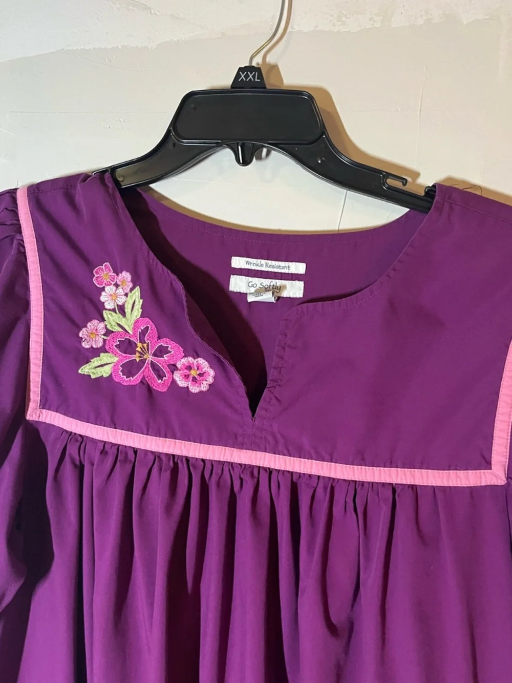 VTG Go Softly Purple Floral Embroidered House Dress MuuMuu Womens M Patio Granny